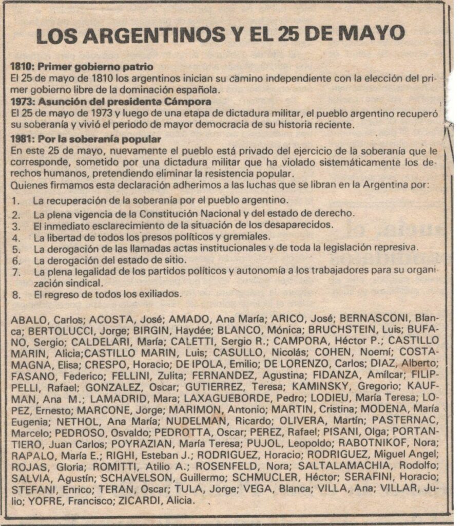 Columna de Francisco Felipe Yofre en el diario, sobre el 25 de Mayo