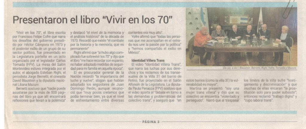 Recorte de diario sobre la presentación de Vivir en los ´70, de Francisco Felipe Yofre